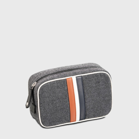 trousse de toilette cadeau homme originale rétro en tissu gris et cuir