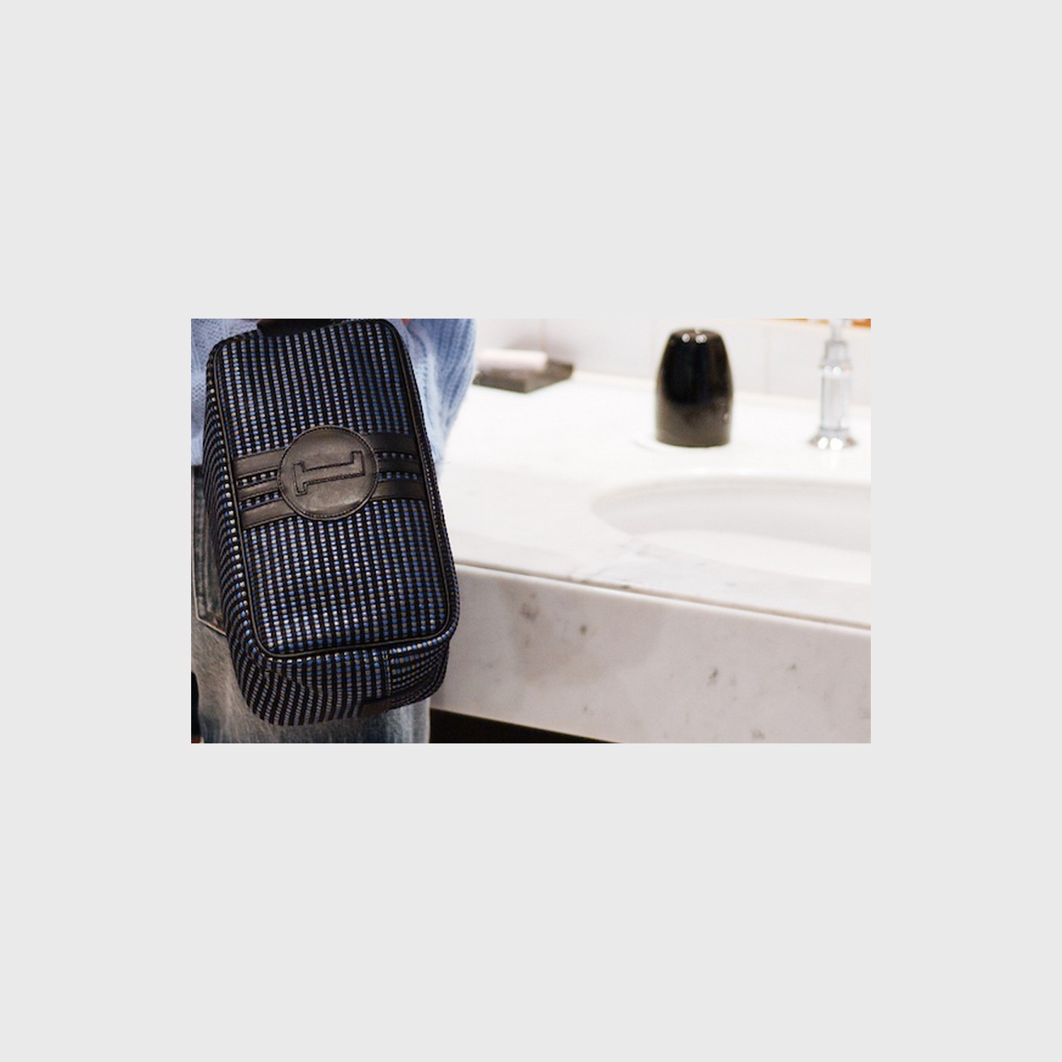 Trousse de toilette homme luxe cuir et tissu bleu et gris Bobby - E2R
