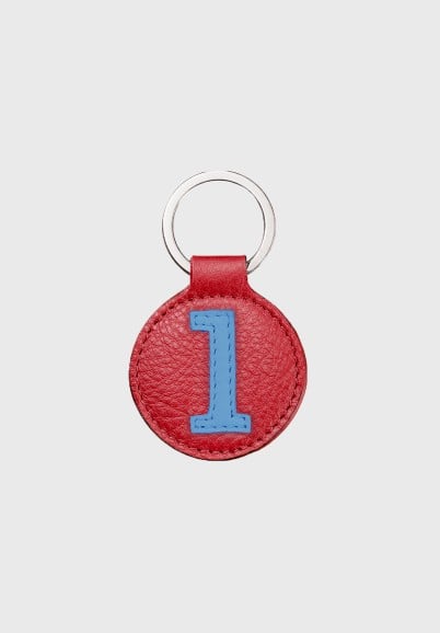 Round key ring with strawberry red and blue leather number