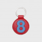 Round key ring with strawberry red and blue leather number