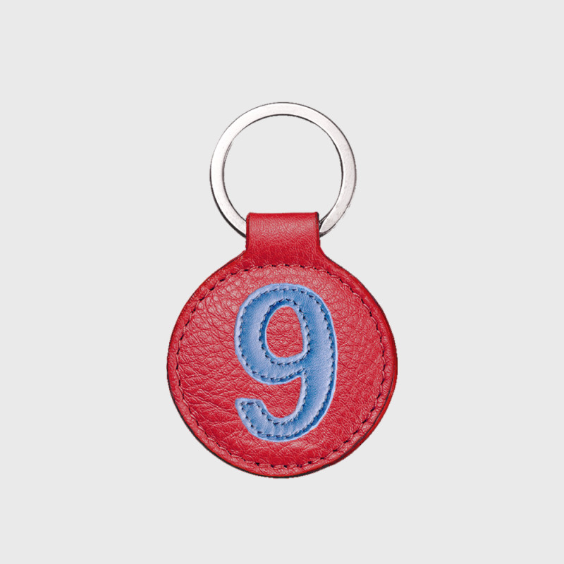Round key ring with strawberry red and blue leather number - E2R