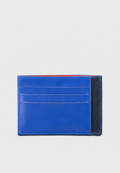 Id cardholder for man in upcycled blue and navy leather