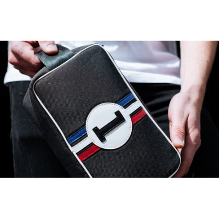 Trousse de toilette homme en tissu  gris et cuir bleu blanc rouge