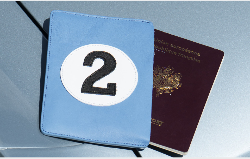 Passport cover in upcycled blue leather with number 2