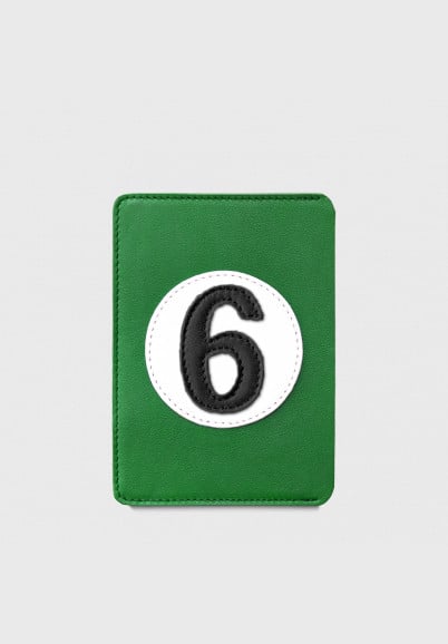 Upcycled green leather passport cover with number 6