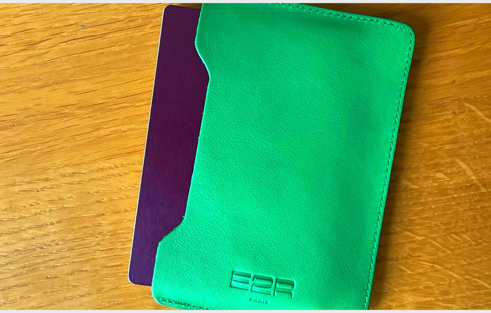 Upcycled green leather passport cover with number 6