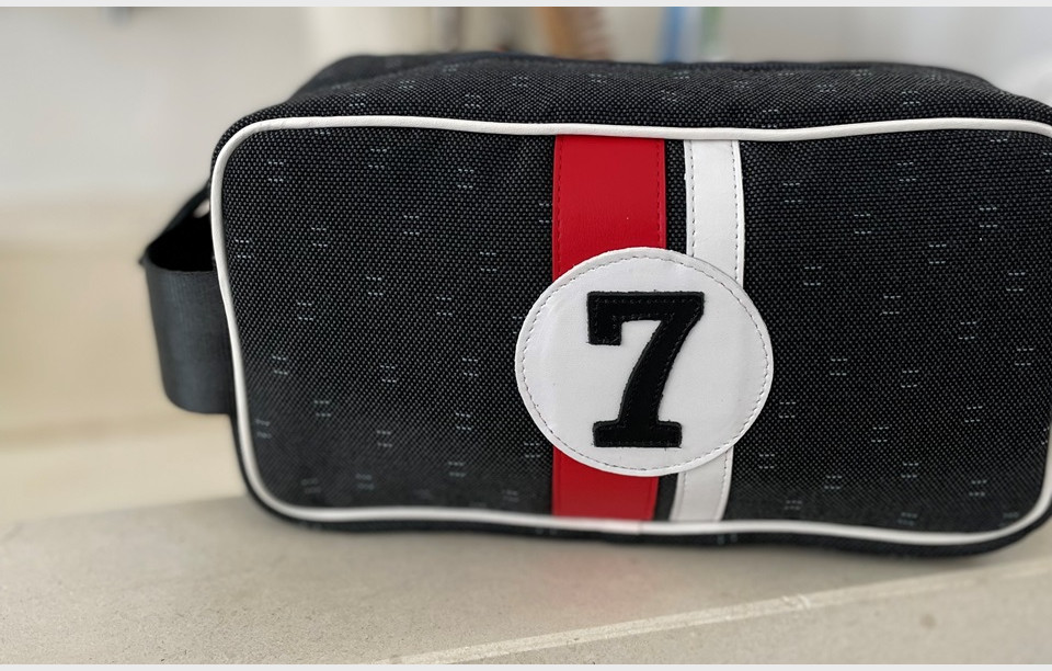 Bobby red and white fabric and leather men's toiletry bag