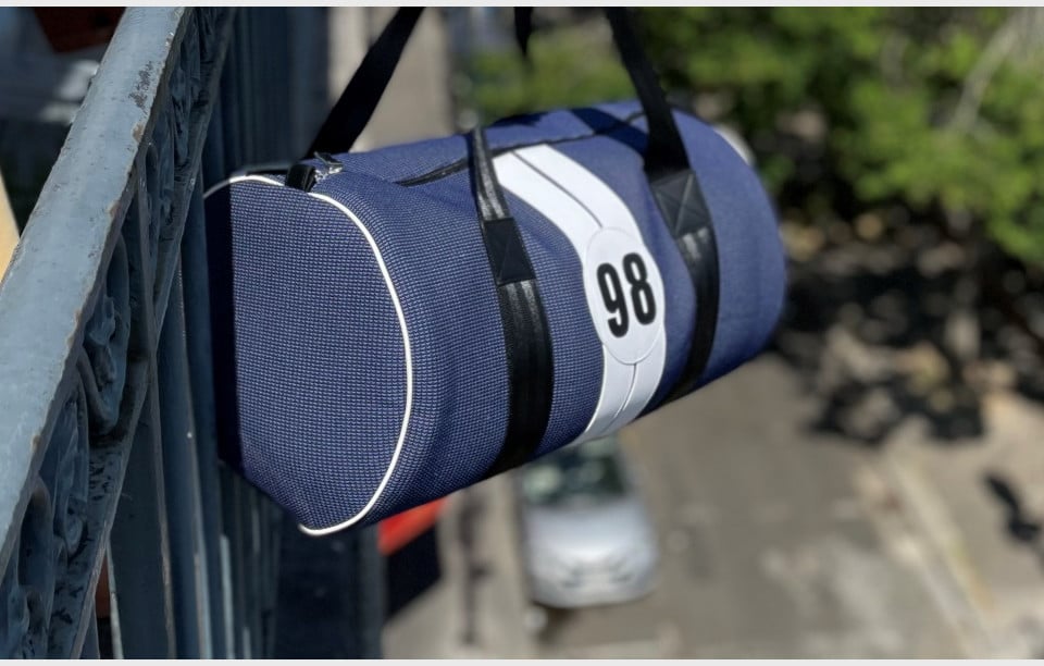 Sustainable blue and white sports bag for man number 98