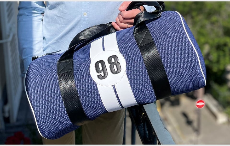 Sustainable blue and white sports bag for man number 98