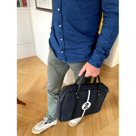 Sacoche homme retro en tissu upcyclé porté bandoulière gris sac ordinateur