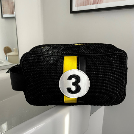 trousse de voyage mode homme en tissu upcyclé noir et cuir