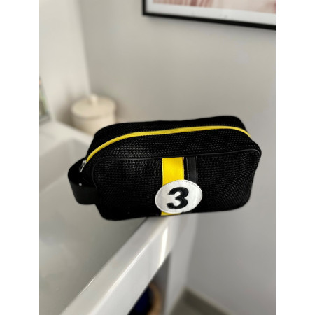 trousse de toilette durable homme en tissu recyclé noir et cuir de vachette