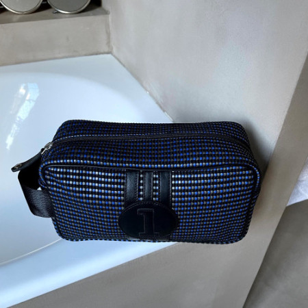 trousse de toilette rétro homme en tissu tressé recyclé noir gris bleu