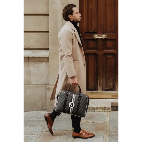 Sac ordinateur homme tissu et cuir gris à motifs William - E2R Paris