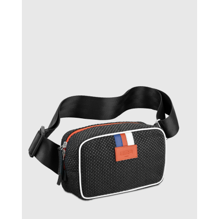 Sac banane en tissu automobile upcyclé tressé noir et motifs cuir- E2R