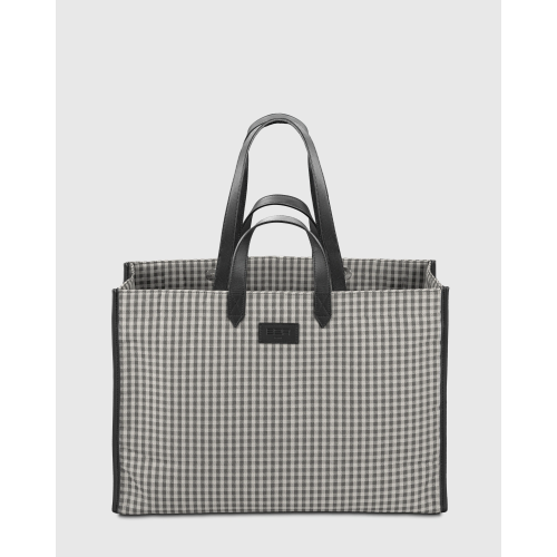 Cabas femme écoresponsable en tissu vichy et cuir upcyclés Tammy - E2R