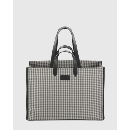 Cabas femme écoresponsable en tissu vichy et cuir upcyclés Tammy - E2R