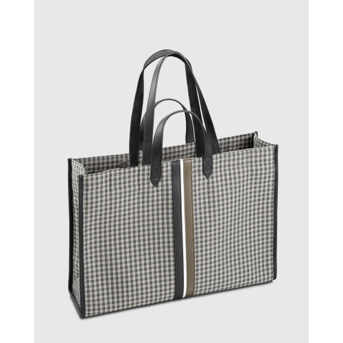 Cabas femme écoresponsable en tissu vichy et cuir upcyclés Tammy - E2R