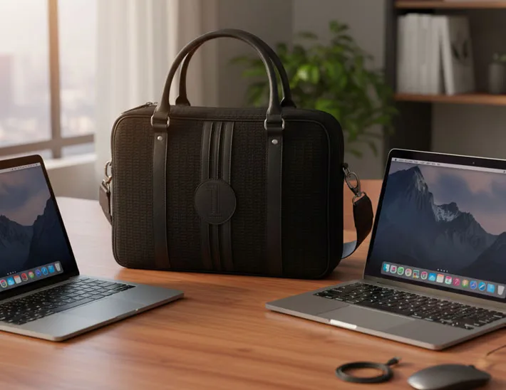 Sacoche MacBook pos&eacute;e sur la table ultra design et styl&eacute;